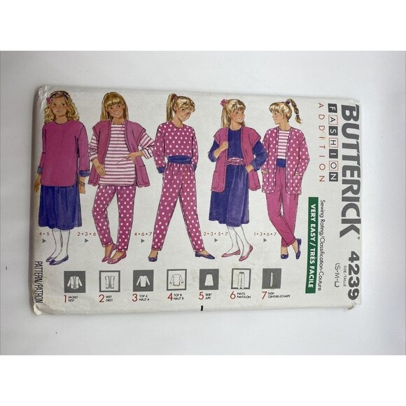 Butterick Sewing Pattern 4239 Girls Jacket Vest Top Skirt Pants Sash Uncut 1989 - Picture 1 of 2